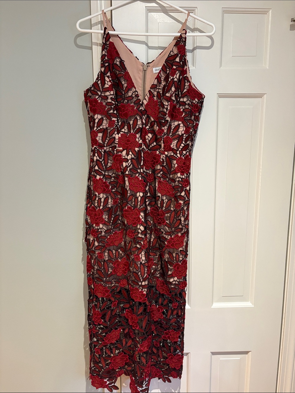 Dress the Population Aurora Red Floral Lace Midi Dress with V-Neck